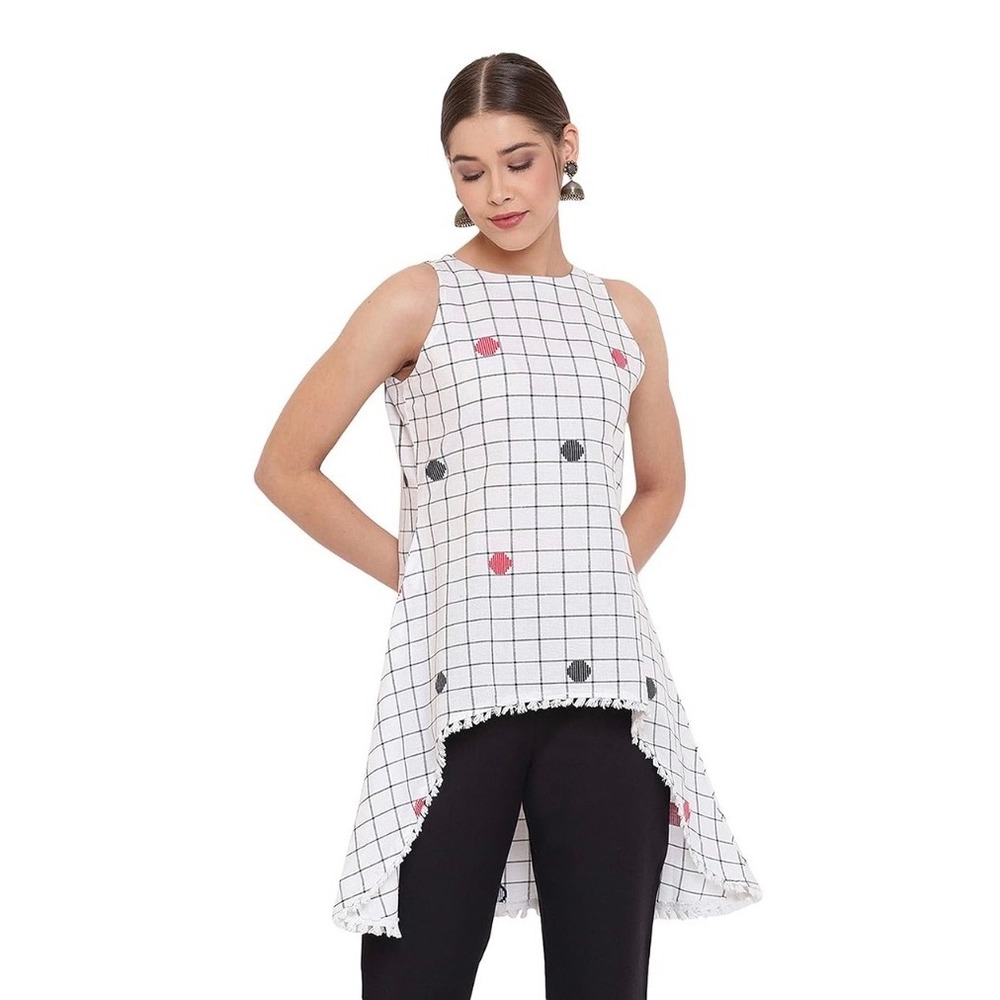 Janasya Checked Sleeveless Windowpane Grid Fringe Tunic Top 3X White 100% Cotton